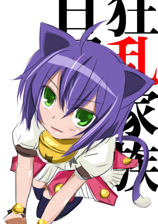 g-ist, midarezaki kyouka, kyouran kazoku nikki, 00s, 1girl, ahoge, animal ears, bell, black thighhighs, cat ears, cat girl, cat tail, collar, dress, female focus, from above, green eyes, jingle bell, looking up, neck bell, purple hair, short hair, smile, solo, tail, thighhighs, wristband, zettai ryouiki
