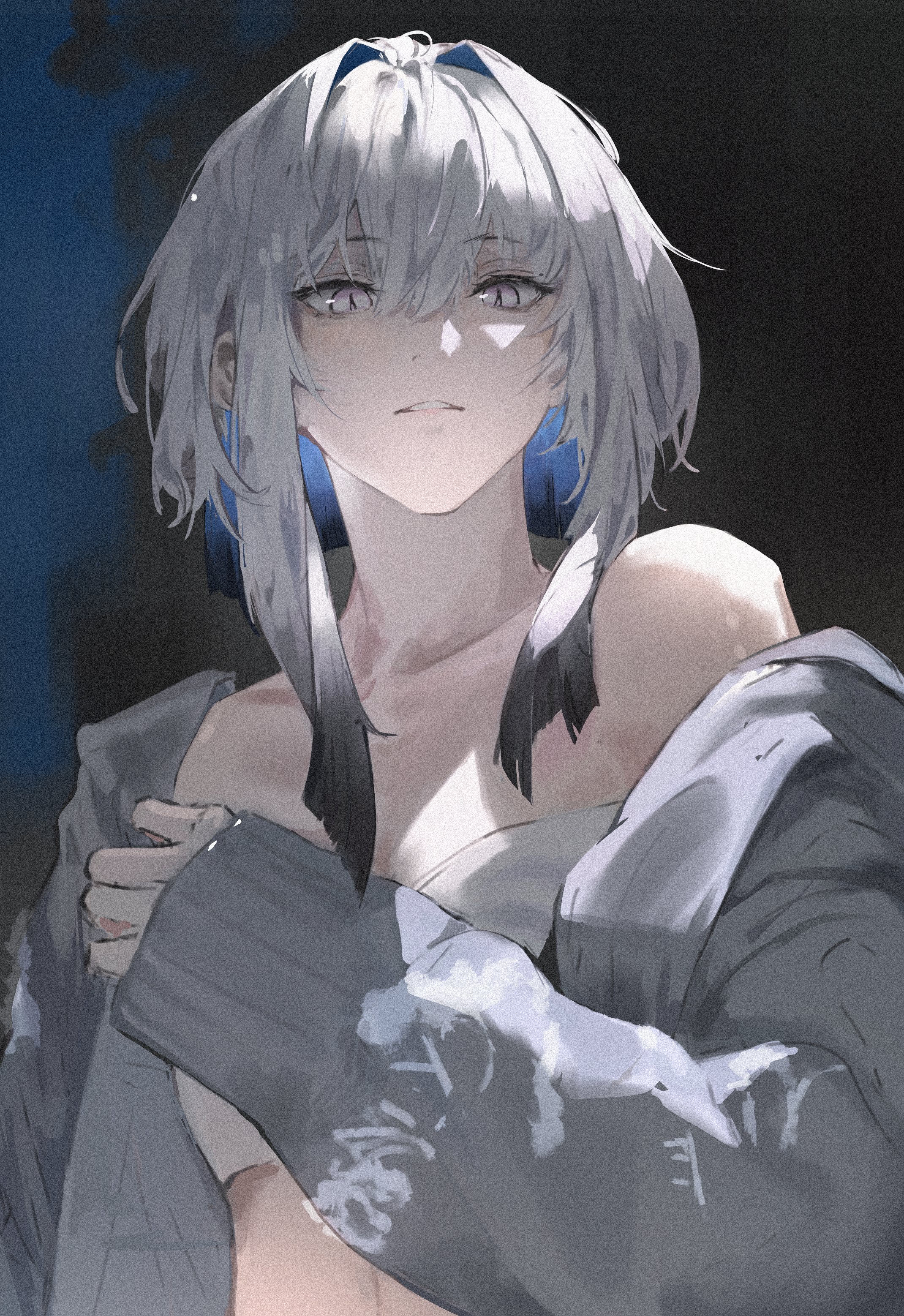 elyzerda, galbrena (wuthering waves), wuthering waves, absurdres, commentary, highres, 1girl, blue hair, bra, collarbone, colored inner hair, grey eyes, grey hair, grey jacket, hair between eyes, hair intakes, jacket, looking at viewer, medium hair, multicolored hair, open clothes, open jacket, parted lips, single bare shoulder, single off shoulder, solo, underwear, upper body, white bra