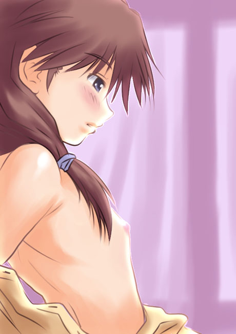 sakaki imasato, komaki ikuno, to heart (series), to heart 2, 00s, 1girl, blue eyes, blush, breasts, brown hair, female focus, flat chest, nipples, solo