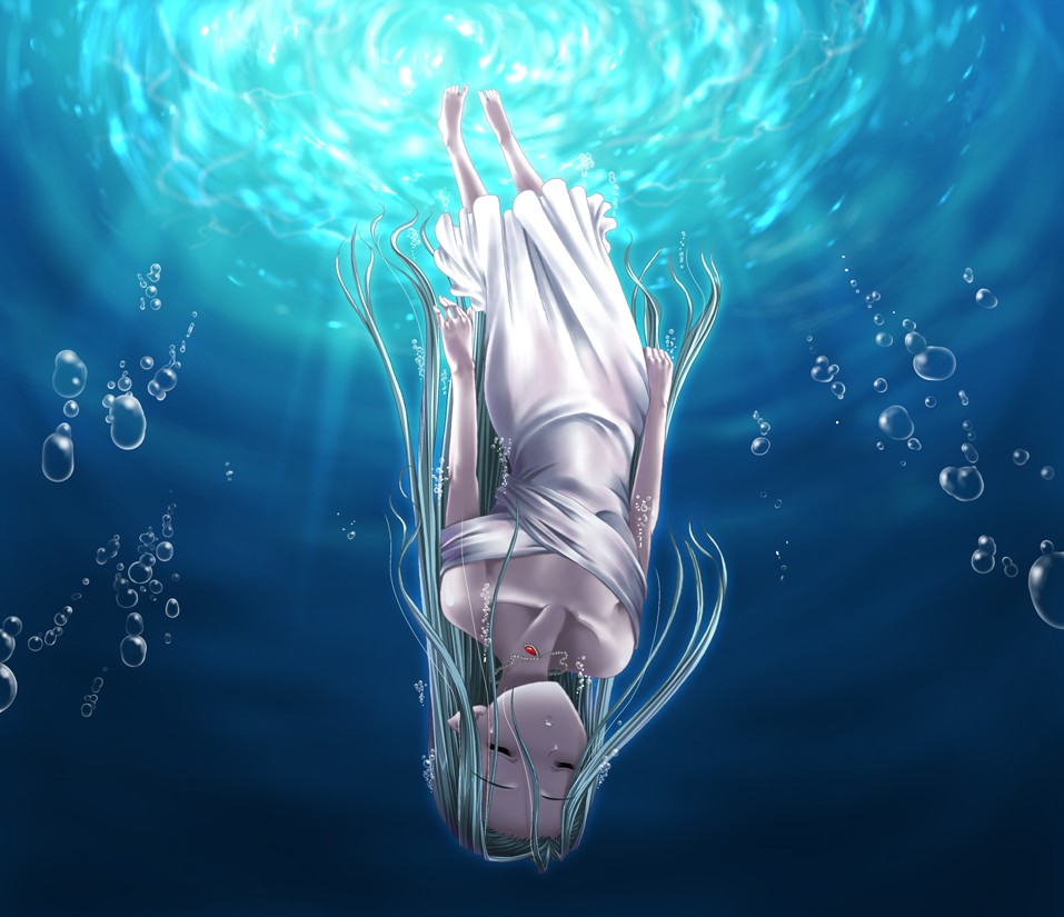 miyai sen, original, 1girl, barefoot, blue hair, bubble, closed eyes, collarbone, dress, female focus, green hair, jewelry, long hair, necklace, pendant, pointy ears, solo, underwater, upside-down, wet, wet clothes, white dress