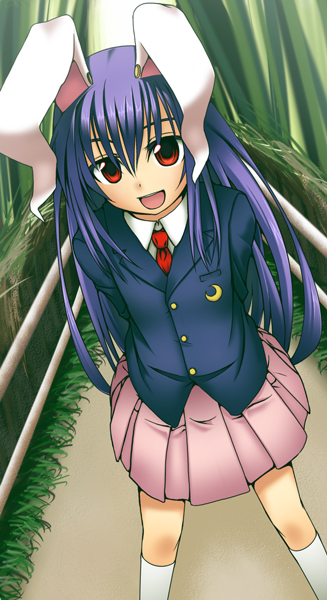 natsu (die mauer der leere), natsu (pixiv), reisen udongein inaba, touhou, bad id, bad pixiv id, 1girl, animal ears, female focus, forest, long hair, nature, outdoors, plant, purple hair, rabbit ears, skirt, socks, solo