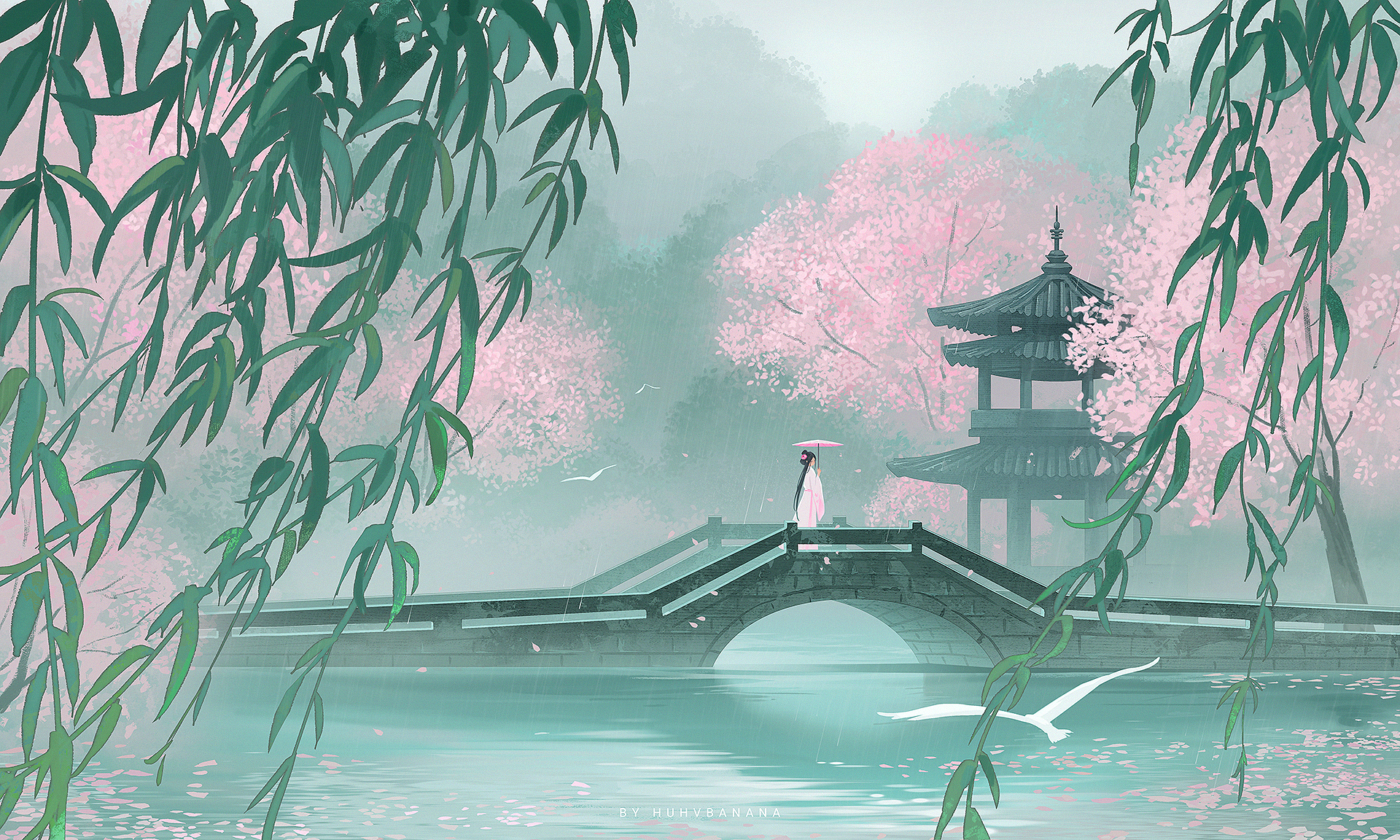 huhv., original, chinese commentary, commentary request, highres, 1girl, arch, architecture, black hair, branch, bridge, cherry blossoms, chinese clothes, day, dress, east asian architecture, forest, hanfu, holding, holding umbrella, long hair, nature, oil-paper umbrella, outdoors, overcast, rain, scenery, simple bird, sky, solo, standing, tree, umbrella, very long hair, water, white dress, wide shot