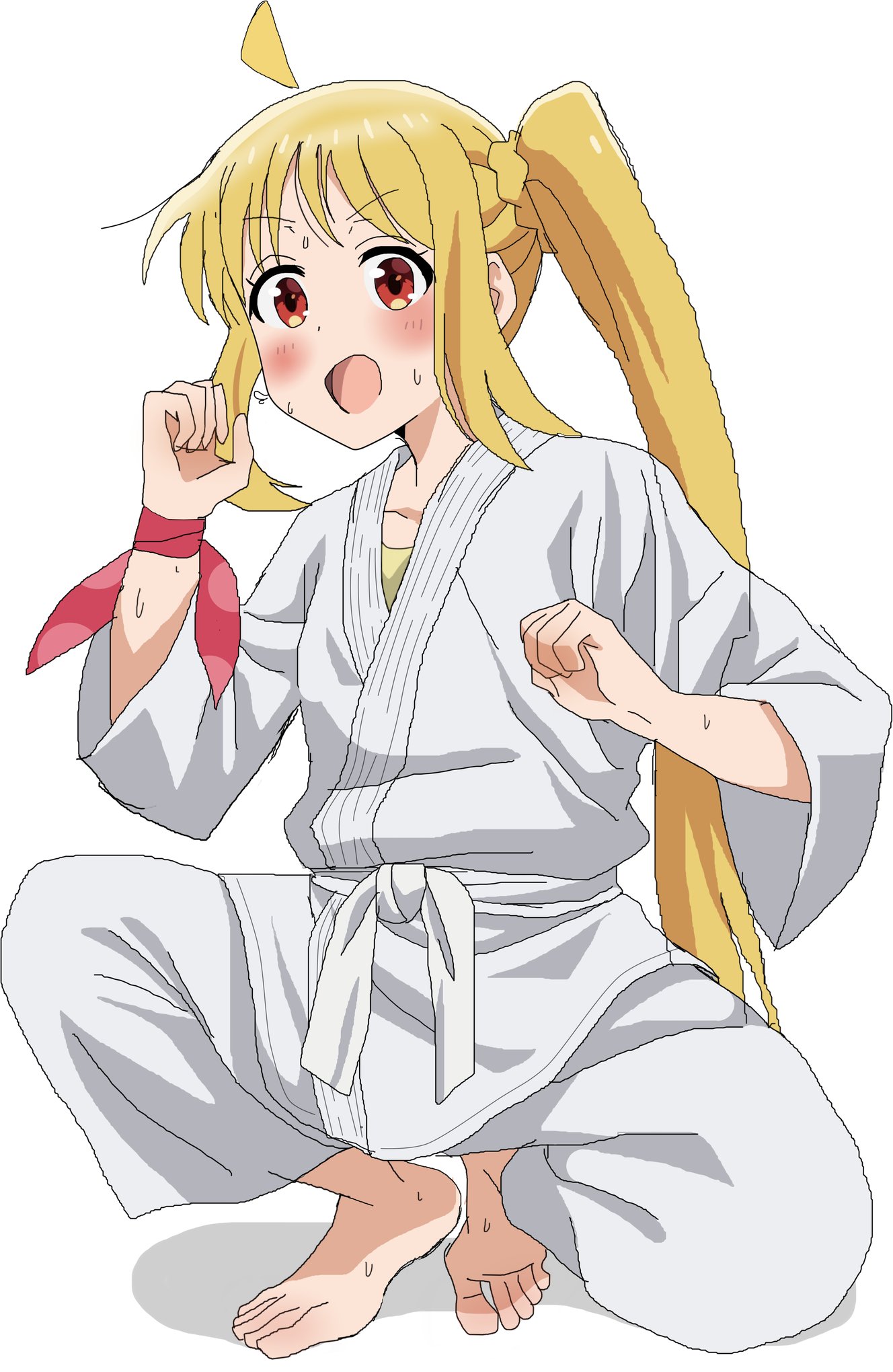 riokasen, ijichi nijika, bocchi the rock!, highres, 1girl, :d, ahoge, barefoot, blonde hair, blush, dougi, long hair, open mouth, orange eyes, side ponytail, smile, solo, squatting, sweat, white background