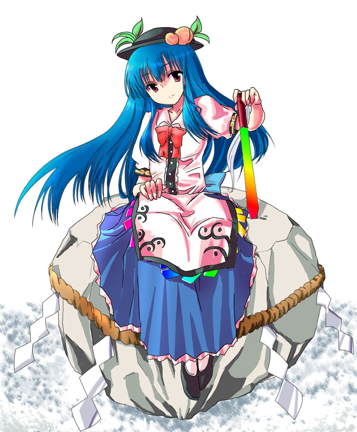 sakurai miyo, sakurai sanshi, hinanawi tenshi, touhou, 1girl, blue hair, female focus, food, fruit, hat, kaname-ishi, long hair, peach, ribbon, rope, shide, shimenawa, solo, sword, sword of hisou, weapon