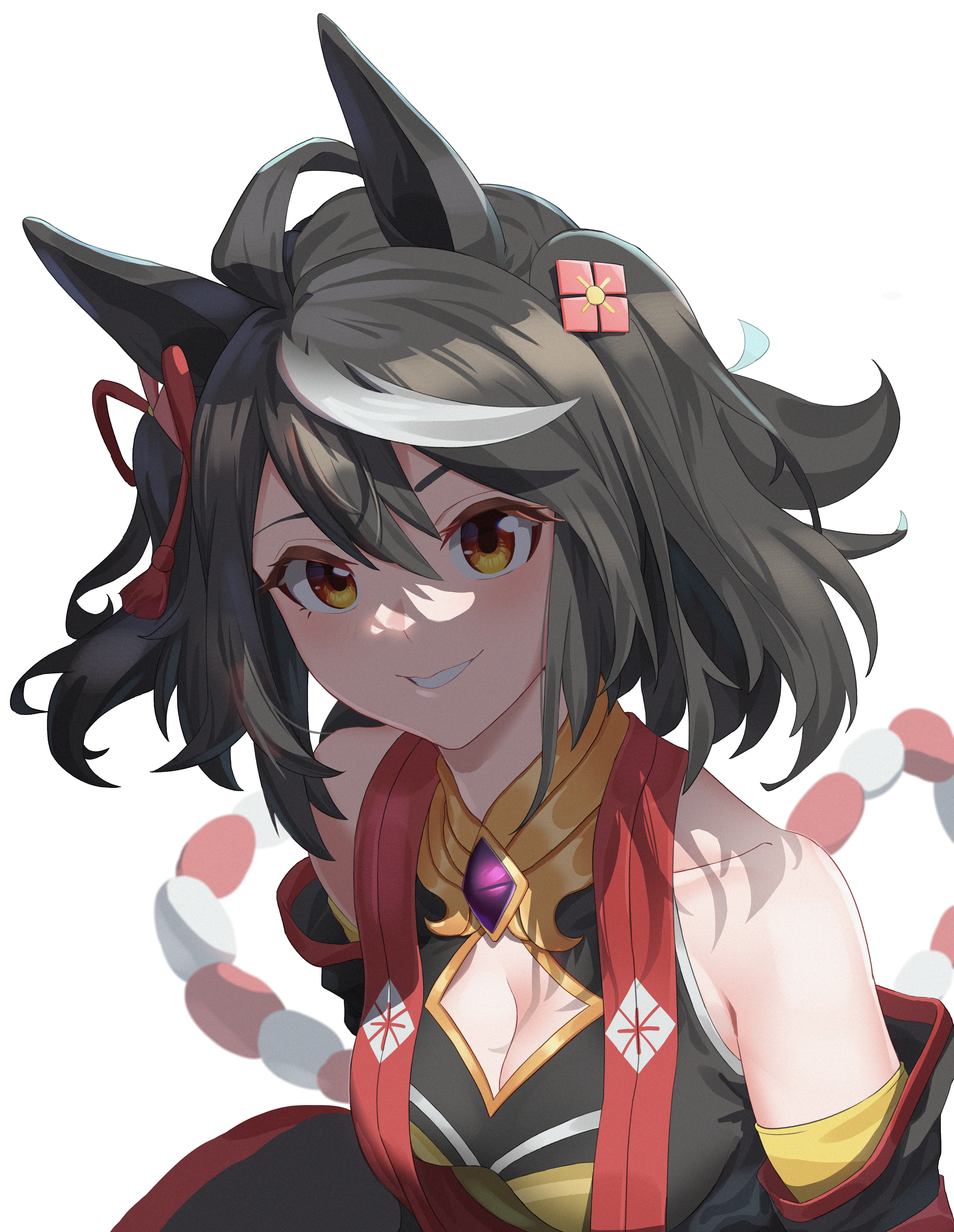 kitasan black (umamusume), umamusume, absurdres, highres, 1girl, animal ears, bare shoulders, black hair, black kimono, breasts, brown eyes, cleavage, detached sleeves, hair between eyes, horse ears, horse girl, japanese clothes, kimono, large breasts, looking at viewer, parted lips, short hair, smile, solo, tuomali, two side up