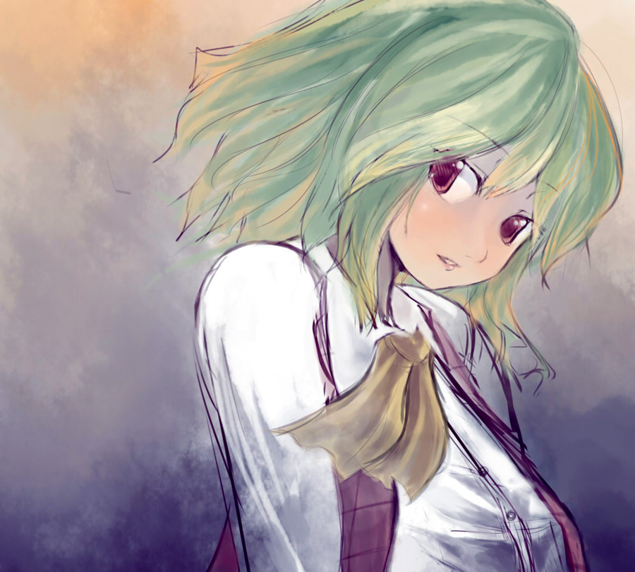 suisai (suisao), kazami yuuka, touhou, bad id, bad pixiv id, 1girl, ascot, dress shirt, female focus, green hair, head tilt, parted lips, plaid clothes, plaid vest, red eyes, shirt, short hair, solo, upper body, vest