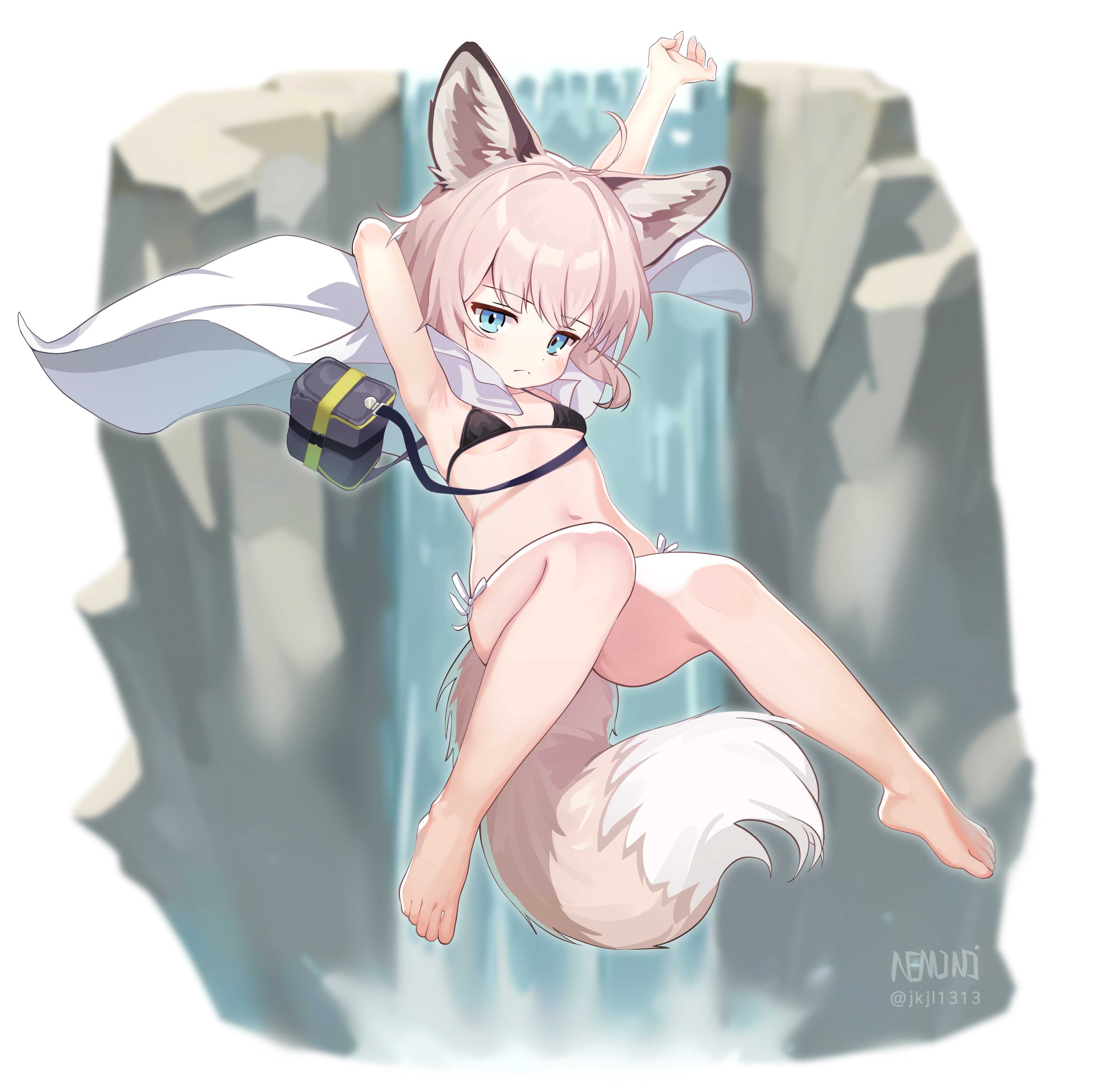 n3moni, sussurro (arknights), arknights, absurdres, commentary, highres, 1girl, ahoge, alternate costume, animal ears, arm behind head, armpits, arms up, artist name, barefoot, bikini, black bikini, blue eyes, breasts, closed mouth, expressionless, feet, fox ears, fox tail, full body, jitome, looking at viewer, navel, outstretched arm, small breasts, solo, swimsuit, tail, toes, twitter username, water, waterfall, white hair