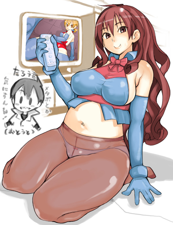takayama toshinori, matsuri (takayama toshinori), tarou (takayama toshinori), original, bad id, bad pixiv id, 1boy, 1girl, breasts, brown eyes, crotch seam, elbow gloves, game console, gloves, kneeling, large breasts, long hair, midriff, panties, panties under pantyhose, pantyhose, plump, red hair, sideboob, smile, television, thick thighs, thighs, underwear, wii