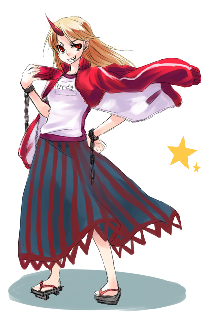 tadano kagekichi, hoshiguma yuugi, touhou, bad id, bad pixiv id, 1girl, blonde hair, female focus, horns, red eyes, single horn, solo