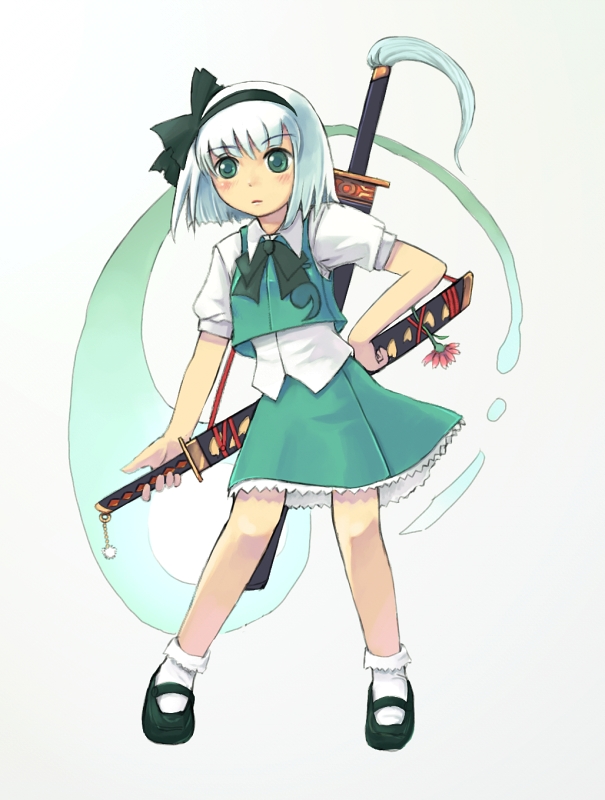 nanatsuki, konpaku youmu, konpaku youmu (ghost), touhou, bad id, bad pixiv id, 1girl, female focus, hitodama, katana, sheath, sheathed, solo, sword, weapon, white hair
