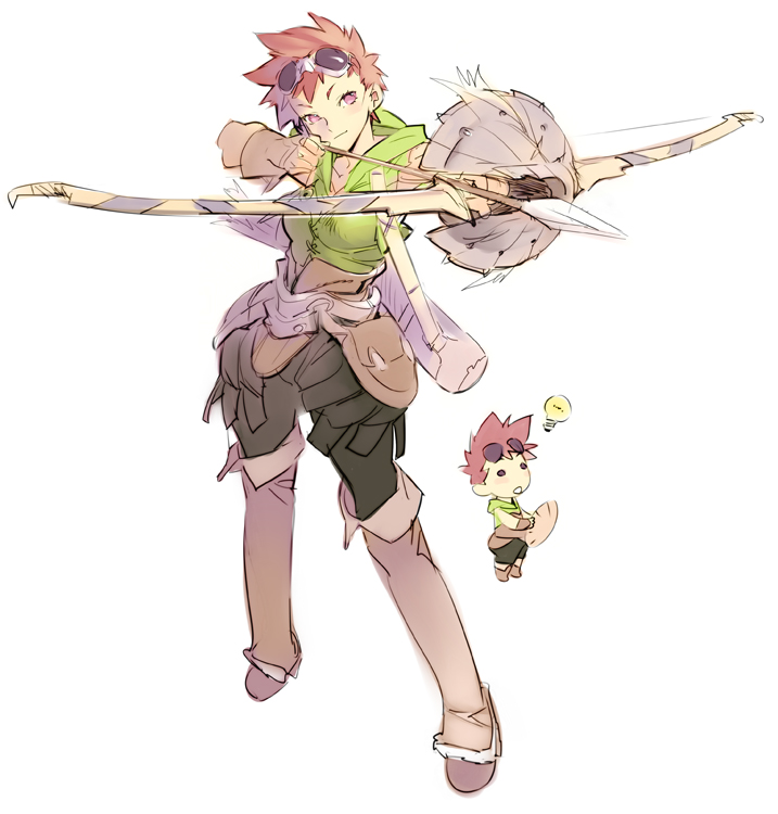 nishieda, golden lore, bad id, bad pixiv id, 1girl, aiming, arrow (projectile), bow (weapon), gloves, goggles, red hair, short hair, simple background, weapon