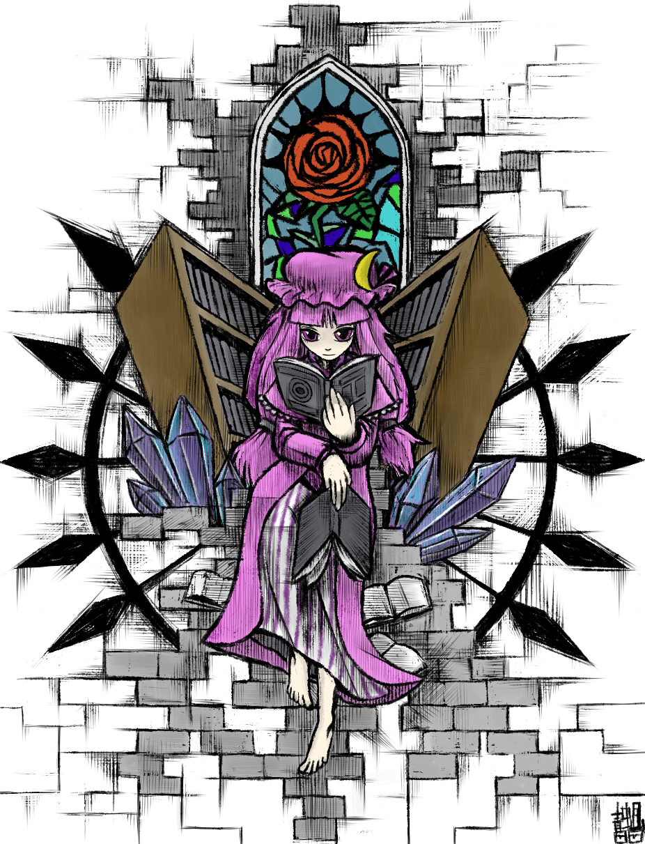 aouji, patchouli knowledge, touhou, highres, 1girl, barefoot, book, female focus, full body, indoors, purple hair, solo