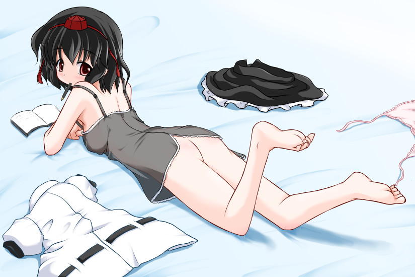 riku (rikkuru), shameimaru aya, touhou, 1girl, ass, barefoot, black hair, blush, bottomless, feet, female focus, hat, looking at viewer, looking back, lying, no panties, on stomach, panties, pink panties, see-through clothes, side-tie panties, solo, strap slip, underwear, untied panties, unworn clothes, unworn panties