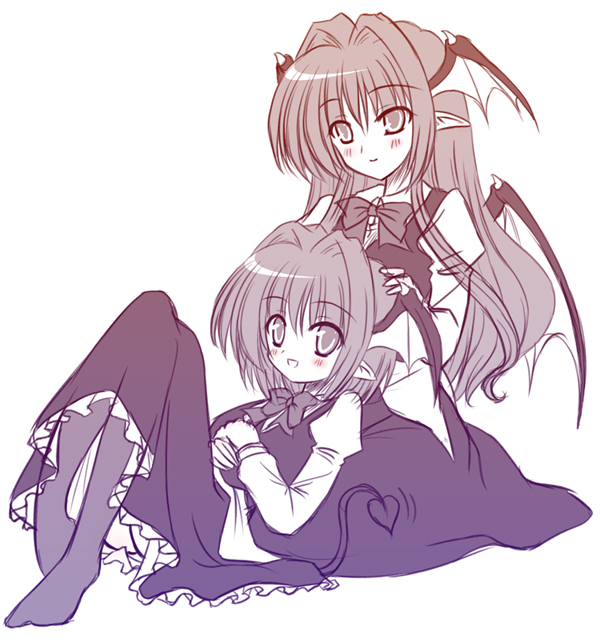 yamu (reverse noise), koakuma, embodiment of scarlet devil, touhou, 2girls, :d, bat wings, blush, demon tail, dual persona, female focus, head wings, monochrome, multiple girls, open mouth, purple theme, smile, tail, time paradox, wings