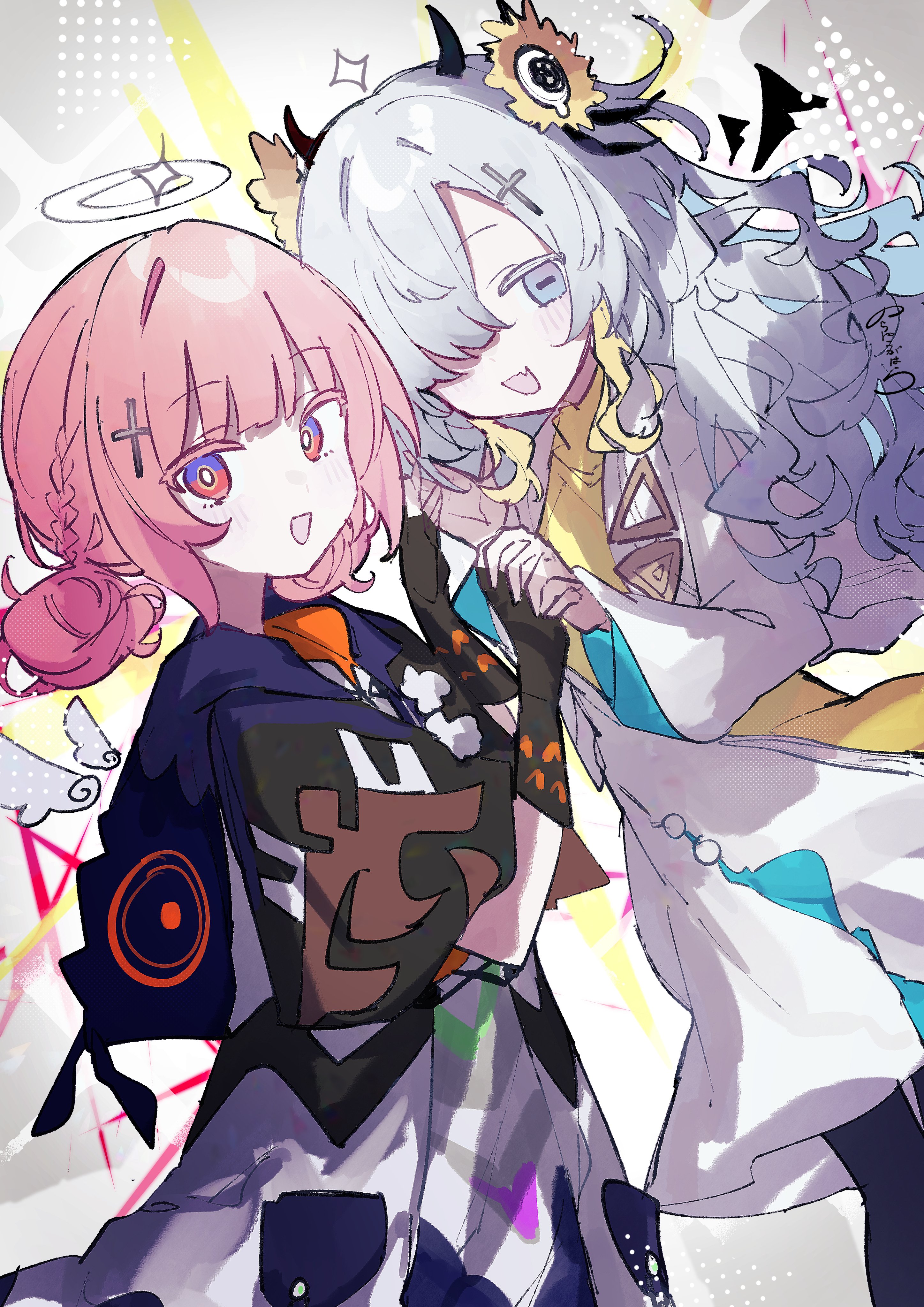 noranekogahara, isekaijoucho, kaf (kamitsubaki studio), kamitsubaki studio, absurdres, highres, 2girls, black gloves, blue capelet, blue eyes, capelet, demon horns, double bun, dress, gloves, grey eyes, grey hair, hair bun, hair over one eye, halo, holding hands, horns, long hair, looking at viewer, multicolored dress, multicolored eyes, multiple girls, open mouth, pink hair, red eyes, virtual youtuber, white dress, yellow dress