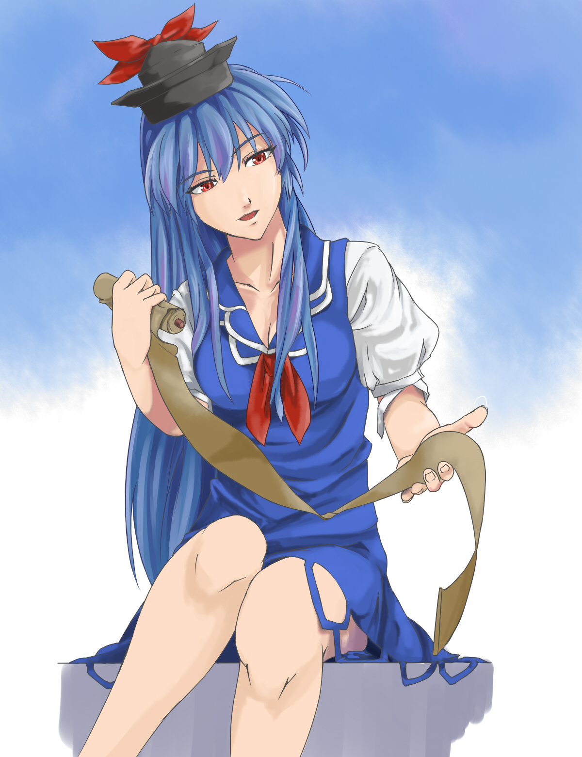 shibasaki shouji, kamishirasawa keine, touhou, bad id, bad pixiv id, highres, 1girl, blue hair, female focus, hat, long hair, paper, ribbon, solo