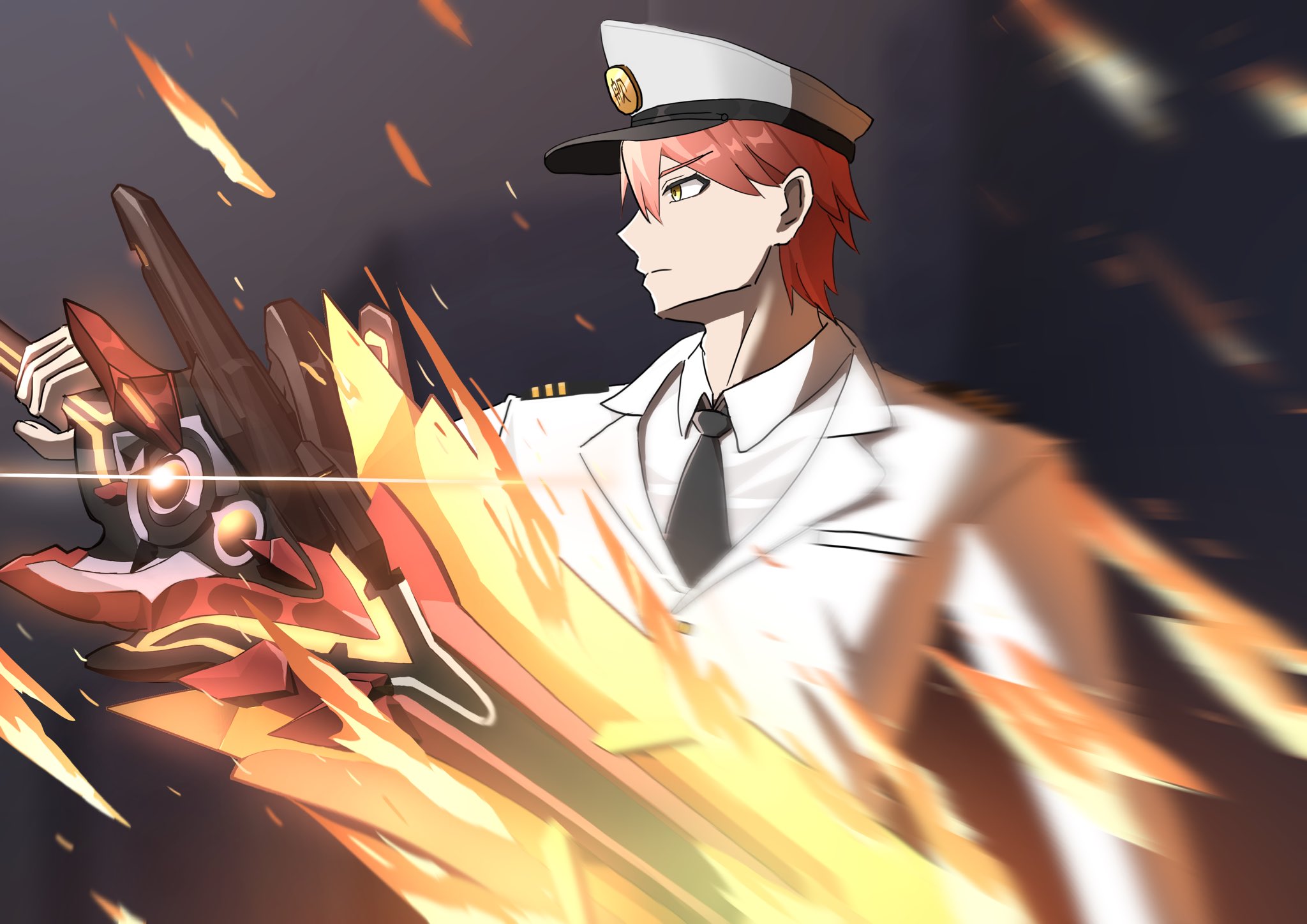 valgungap, captain (honkai impact), honkai (series), honkai impact 3rd, highres, fire, flaming weapon, holding, holding weapon, jacket, looking to the side, necktie, red hair, solo, weapon, white jacket, yellow eyes