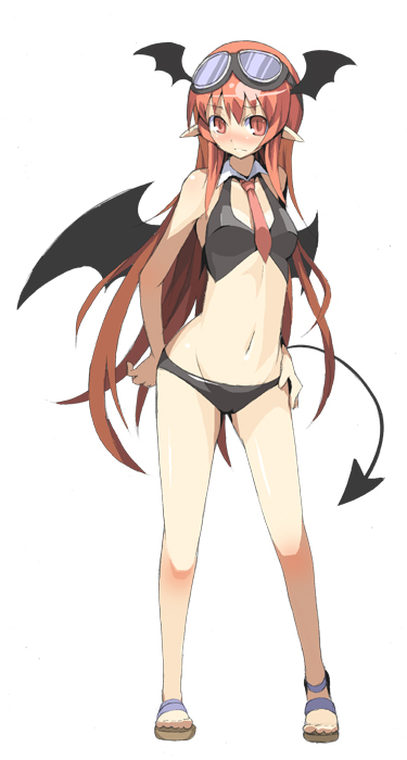kasuga ayumu (artist), kasuga ayumu (haruhipo), koakuma, embodiment of scarlet devil, touhou, bad id, bad pixiv id, 1girl, bat wings, bikini, black bikini, blush, demon tail, female focus, full body, goggles, goggles on head, hands on own hips, head wings, long hair, looking at viewer, navel, necktie, pointy ears, red eyes, red hair, red necktie, sandals, simple background, solo, standing, swimsuit, tail, white background, wings