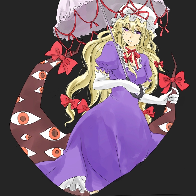 nugaa, yakumo yukari, touhou, 1girl, breasts, dress, elbow gloves, female focus, gap (touhou), gloves, hat, parasol, simple background, solo, umbrella