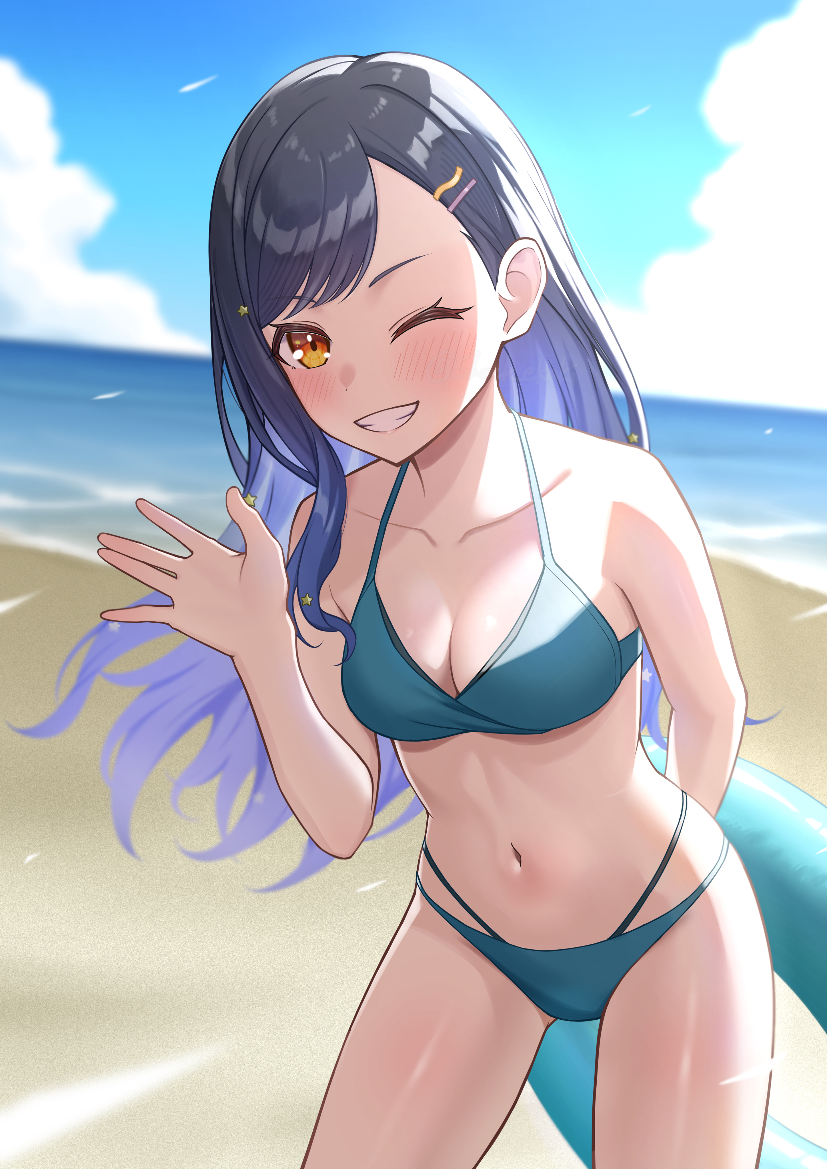 colorado, shock ekaki, shiraishi an, project sekai, absurdres, highres, 1girl, beach, bikini, black hair, blue hair, blue sky, breasts, brown eyes, cleavage, cloud, collarbone, day, green bikini, grin, hair ornament, hairclip, horizon, innertube, layered bikini, long hair, medium breasts, multicolored hair, navel, ocean, one eye closed, outdoors, sky, smile, solo, swim ring, swimsuit, waving