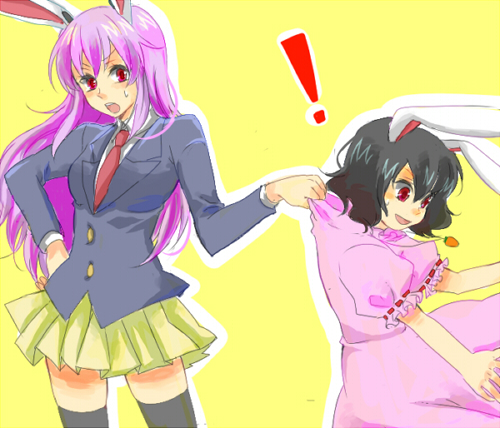 nugaa, inaba tewi, reisen udongein inaba, touhou, lowres, !, 2girls, animal ears, female focus, multiple girls, rabbit ears, simple background, standing, thighhighs