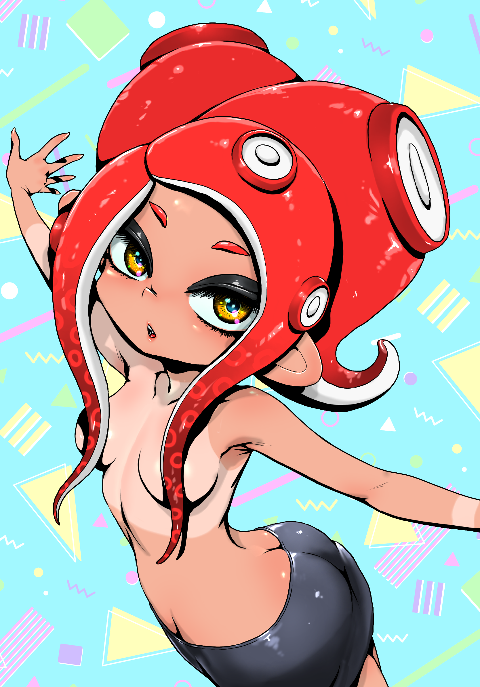 koharu2.5, agent 8 (splatoon), nintendo, splatoon (series), highres, ass, bike shorts, blue background, butt crack, convenient censoring, cowboy shot, hair censor, head out of frame, long hair, looking at viewer, octoling, open mouth, outstretched arms, pointy nose, red hair, sideways glance, spread arms, tan, tanline, tentacle hair, topless female, yellow eyes