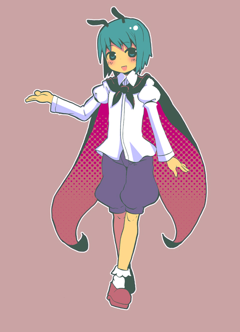 miyamoto kunai, wriggle nightbug, touhou, 1girl, antennae, brown shoes, cape, collared shirt, female focus, green eyes, green hair, matching hair/eyes, shirt, shoes, simple background, socks, solo, white socks