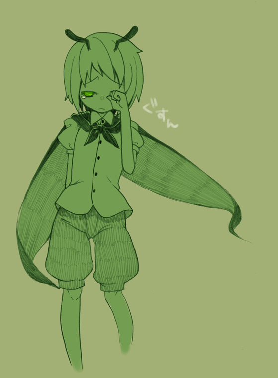 miyamoto kunai, wriggle nightbug, touhou, 1girl, antennae, cape, female focus, green background, green eyes, green theme, monochrome, shorts, simple background, solo, tears, wiping tears