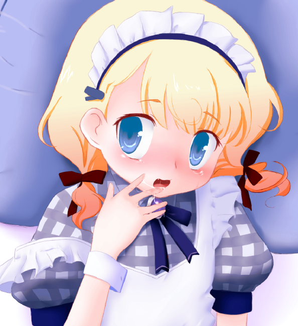 kuuki, original, bad id, bad pixiv id, 1girl, blue eyes, blush, female focus, looking at viewer, maid, multicolored hair, saliva, short hair, solo, tears, two-tone hair