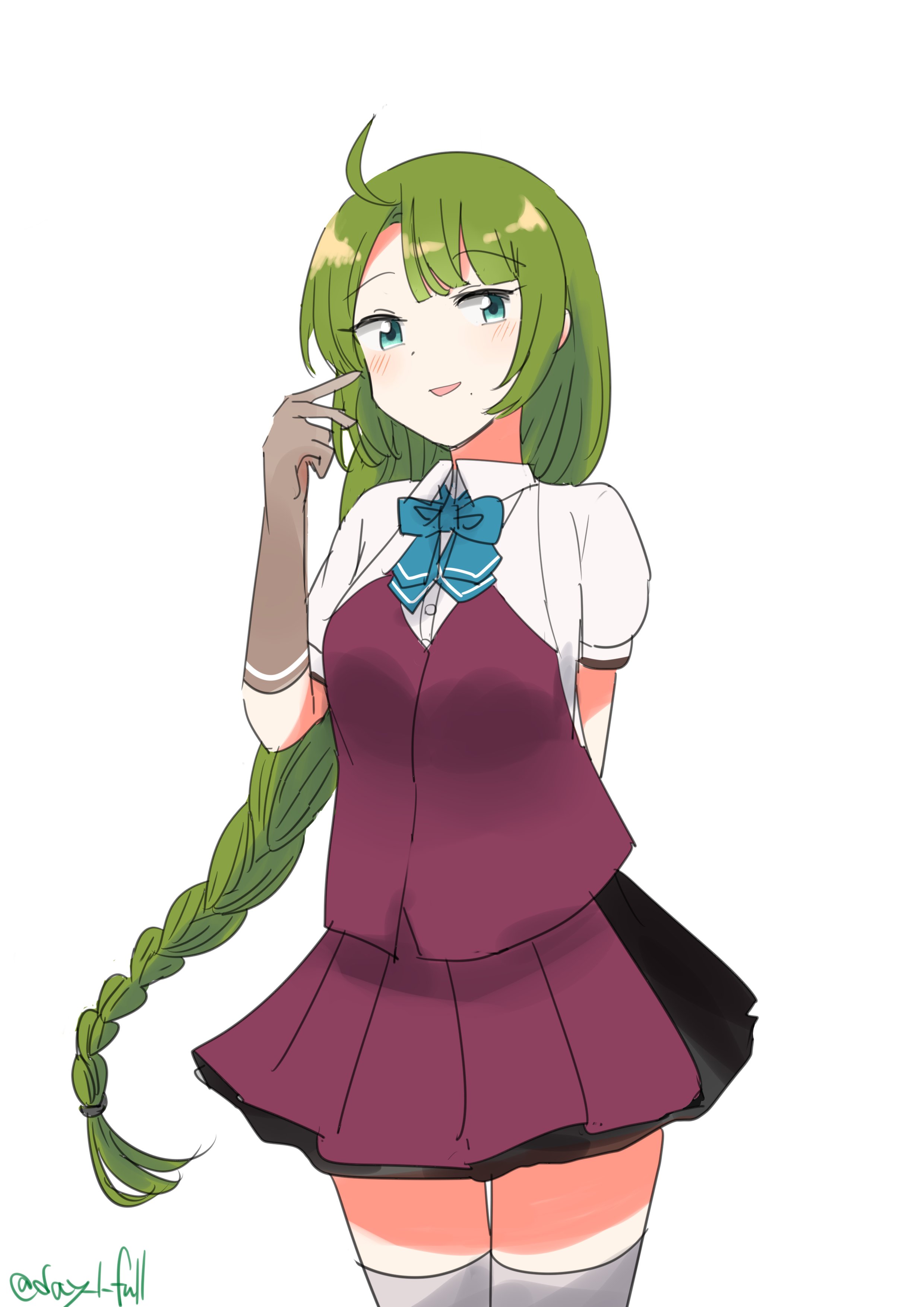 robinson (day l full), yuugumo (kancolle), yuugumo kai ni (kancolle), kantai collection, absurdres, highres, 1girl, ahoge, aqua bow, aqua bowtie, blue eyes, bow, bowtie, braid, collared shirt, dress shirt, fingerless gloves, gloves, green hair, grey gloves, grey thighhighs, long hair, mole, mole under mouth, one-hour drawing challenge, purple skirt, purple vest, school uniform, shirt, short sleeves, simple background, single braid, skirt, smile, solo, summer uniform, thighhighs, vest, white background, white shirt