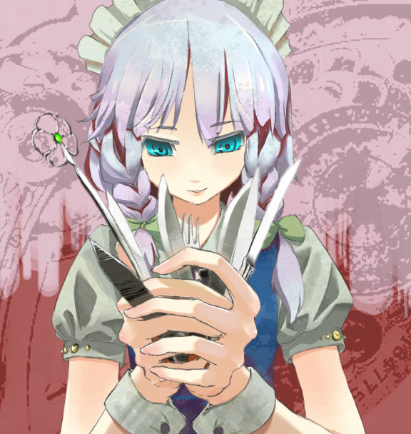 natsume gari, izayoi sakuya, touhou, bad id, bad pixiv id, 1girl, blue eyes, braid, female focus, foreshortening, fork, knife, long hair, maid, purple hair, solo, throwing knife, twin braids, upper body, weapon