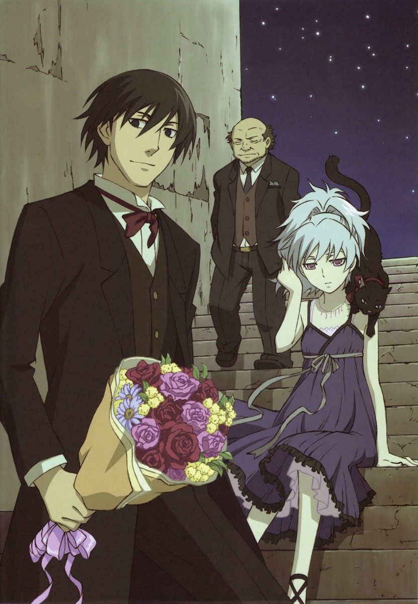 hei (darker than black), huang (darker than black), mao (darker than black), yin (darker than black), darker than black, highres, official art, scan, 00s, 1girl, 2boys, black cat, cat, dress, flower, formal clothes, multiple boys, night, sitting, sitting on stairs, stairs, wind