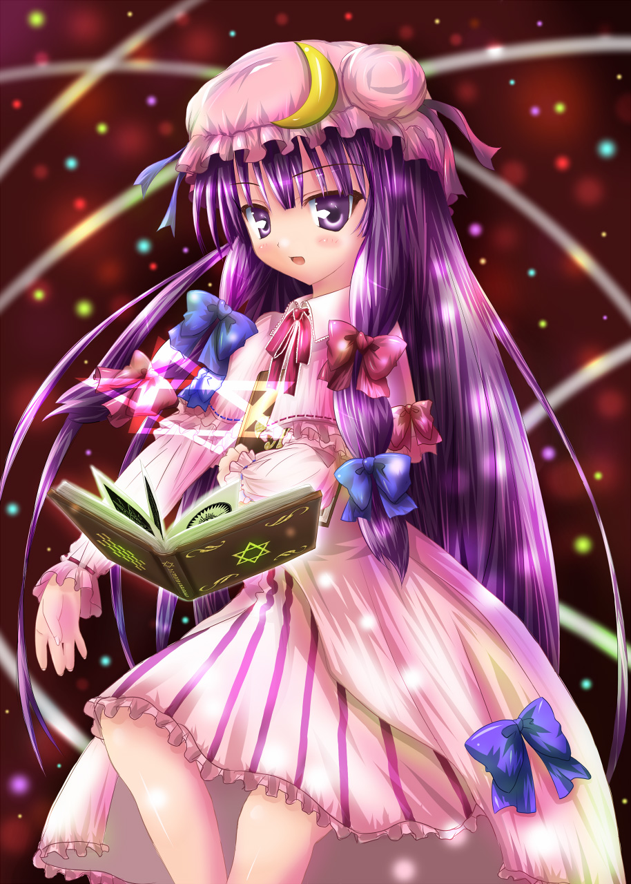 kisaragi miyu, patchouli knowledge, touhou, highres, 1girl, book, bow, female focus, hat, hexagram, long hair, magic circle, pink bow, purple hair, ribbon, solo