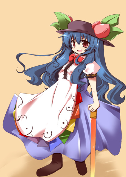 shirogane (platinum), hinanawi tenshi, touhou, 1girl, blue hair, female focus, food, fruit, full body, gradient background, hat, long hair, peach, ribbon, solo, standing, sword, sword of hisou, weapon