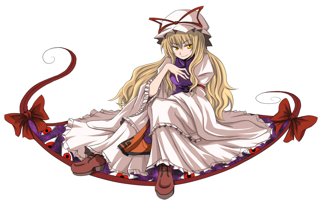 n (ruff), ruff (pixiv), yakumo yukari, touhou, 1girl, blonde hair, female focus, full body, gap (touhou), hat, long hair, ribbon, simple background, solo, white background