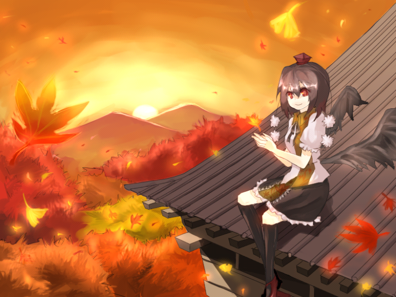 kame, shameimaru aya, touhou, bad id, bad pixiv id, 1girl, architecture, black hair, black wings, east asian architecture, female focus, hat, leaf, looking at viewer, short hair, skirt, solo, sunset, temple, wings