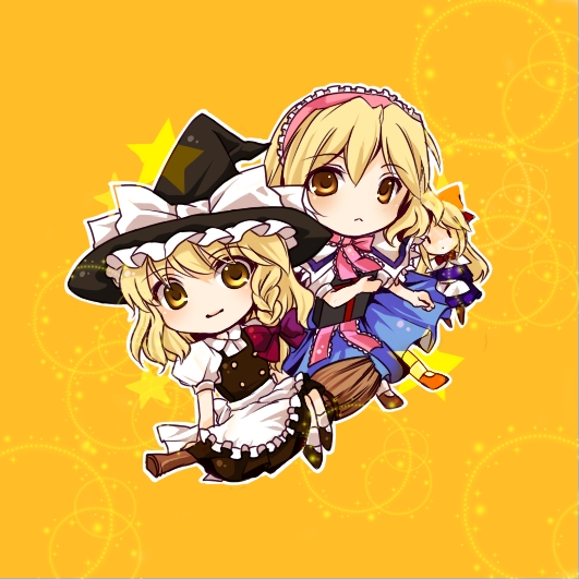 n-mix, alice margatroid, kirisame marisa, shanghai doll, touhou, bad id, bad pixiv id, 3girls, blonde hair, broom, broom riding, chibi, doll, female focus, flying, hat, long hair, multiple girls, ribbon, short hair