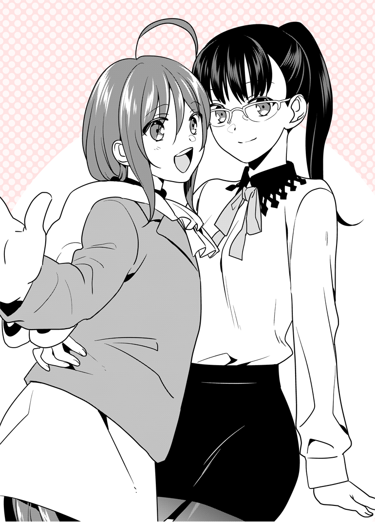 ikuhashi muiko, aikawa miyuu, sumikaze touko, occultic;nine, science adventure, 2girls, :d, ahoge, blush, breasts, collared shirt, garter straps, glasses, greyscale, holding hands, jacket, long hair, long sleeves, looking at viewer, mimiskirt, monochrome, multiple girls, neckerchief, open mouth, pantyhose, ponytail, ribbon, shirt, simple background, skirt, smile