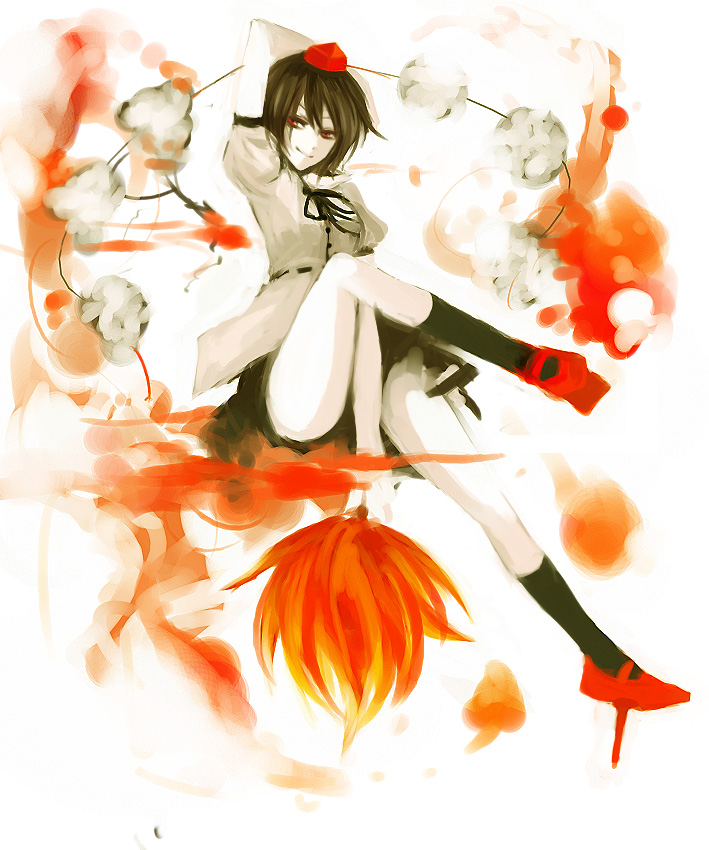 minase (mmakina), shameimaru aya, touhou, looking away, 1girl, female focus, geta, hat, smile, smirk, solo, tengu-geta