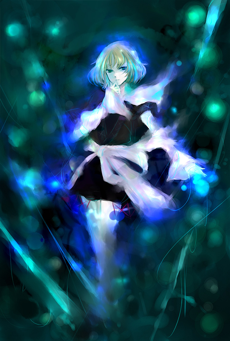 minase (mmakina), mizuhashi parsee, touhou, 1girl, belt, black dress, blonde hair, dress, expressionless, female focus, green eyes, hand on own chin, heterochromia, layered sleeves, long sleeves, looking at viewer, magic, pale skin, parted lips, puffy long sleeves, puffy short sleeves, puffy sleeves, short hair, short over long sleeves, short sleeves, solo, wading, water