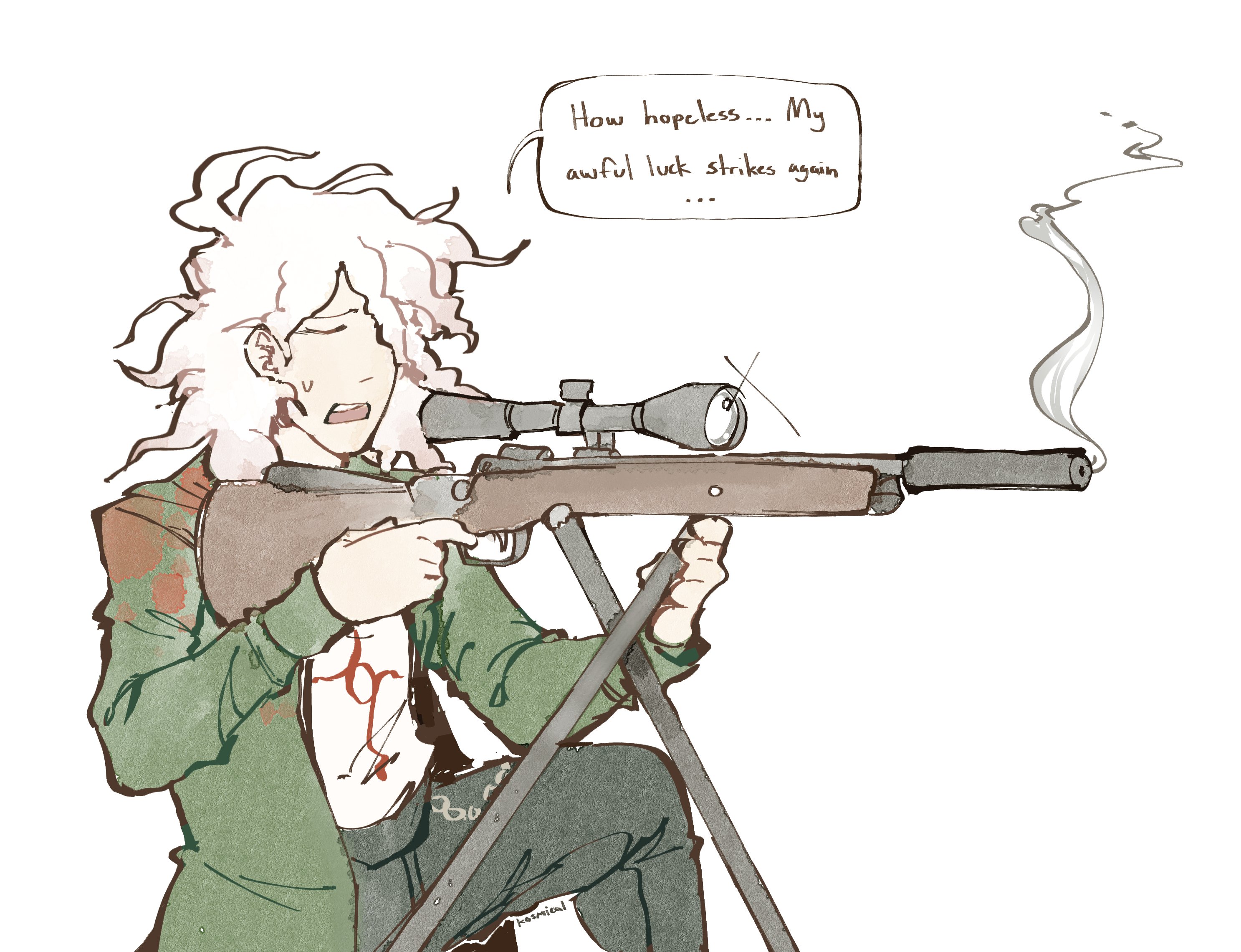 komaeda nagito, danganronpa (series), highres, 1boy, 2024 attempted assassination of donald trump, english text, green jacket, gun, jacket, kosmlcal, no eyes, rifle, sniper rifle, speech bubble, sweatdrop, weapon, white hair