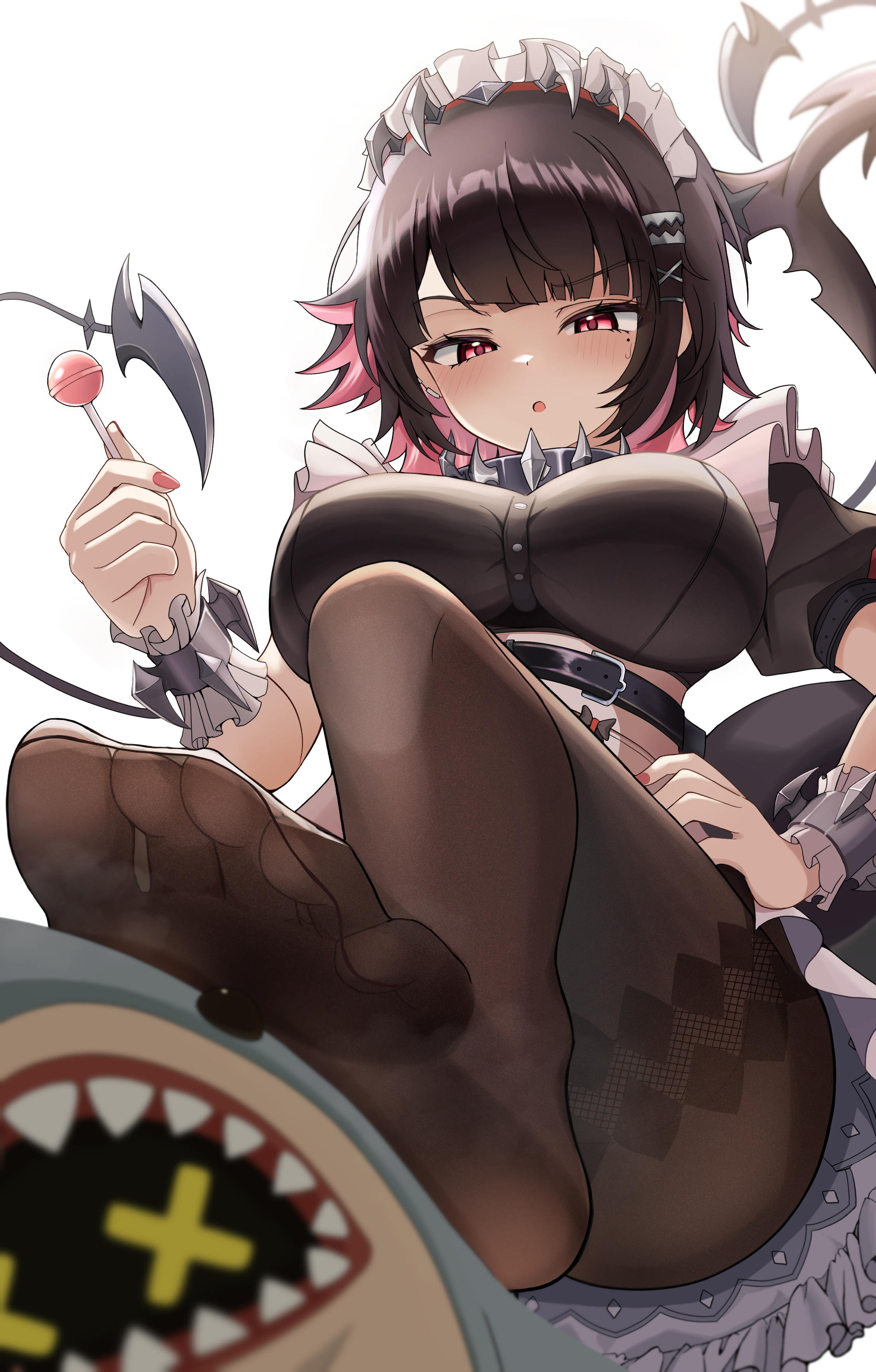 fronut (mylittlebear), bangboo (zenless zone zero), ellen joe, sharkboo (zenless zone zero), zenless zone zero, absurdres, highres, 1girl, black hair, blush, breasts, candy, colored inner hair, earrings, feet, femdom, fins, fish tail, food, foot focus, frilled wristband, hair ornament, hairband, hand on own hip, holding, holding candy, holding food, holding lollipop, jewelry, large breasts, legs, lollipop, maid, maid headdress, metal hairband, mole, mole under eye, multicolored hair, pantyhose, razor blade hair ornament, red eyes, red hair, red nails, scar, scar on tail, shark girl, shark tail, short hair, spiked headband, stepped on, sweat, tail, thighs, two-tone hair