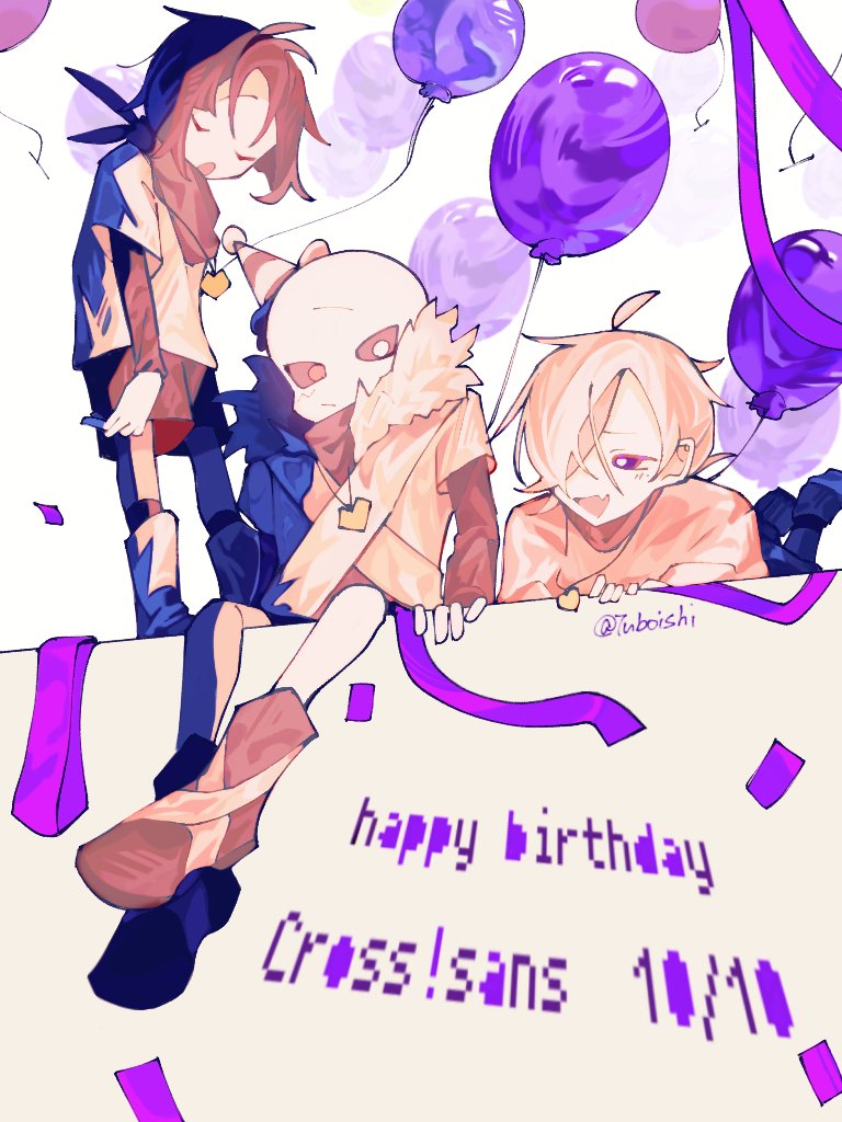 mei (tuboishi), chara (undertale), frisk (undertale), sans (undertale), undertale, utdr (toby fox), xtale, commentary request, 3boys, :d, :o, ahoge, alternate universe, ankle boots, antenna hair, balloon, bandana, bandana around neck, black boots, black hair, black sclera, black shirt, black shorts, black socks, boots, bright pupils, brothers, character name, closed eyes, colored sclera, colored skin, facing viewer, fang, from below, full body, fur-trimmed jacket, fur trim, gold necklace, grey bandana, hair over one eye, happy birthday, hat, heart, heart necklace, jacket, jewelry, kneehighs, layered sleeves, long sleeves, looking at another, looking at viewer, male focus, multiple boys, necklace, no pupils, one eye covered, open mouth, party hat, purple eyes, purple ribbon, red eyes, ribbon, shirt, short-sleeved jacket, short over long sleeves, short sleeves, shorts, siblings, simple background, sitting, skeleton, skin fang, smile, socks, standing, turtleneck, turtleneck shirt, twitter username, u u, upper body, white background, white boots, white eyes, white hair, white jacket, white pupils, white shirt, white skin