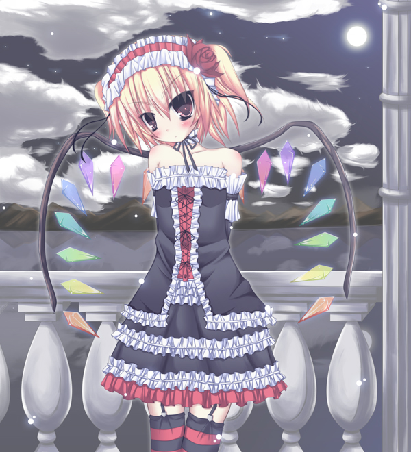 futase hijiri, flandre scarlet, touhou, 1girl, bare shoulders, cloud, dress, elbow gloves, female focus, full moon, garter straps, gloves, goth fashion, hair between eyes, hairband, head tilt, lolita fashion, lolita hairband, moon, neck ribbon, ribbon, solo, strapless, strapless dress, striped clothes, striped thighhighs, thighhighs, wings