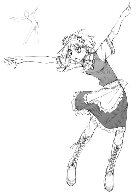 hikawa shou, izayoi sakuya, touhou, 1girl, apron, boots, braid, dress, female focus, full body, greyscale, knee boots, lace-up boots, maid headdress, monochrome, puffy short sleeves, puffy sleeves, short hair, short sleeves, simple background, solo, twin braids, waist apron, white background