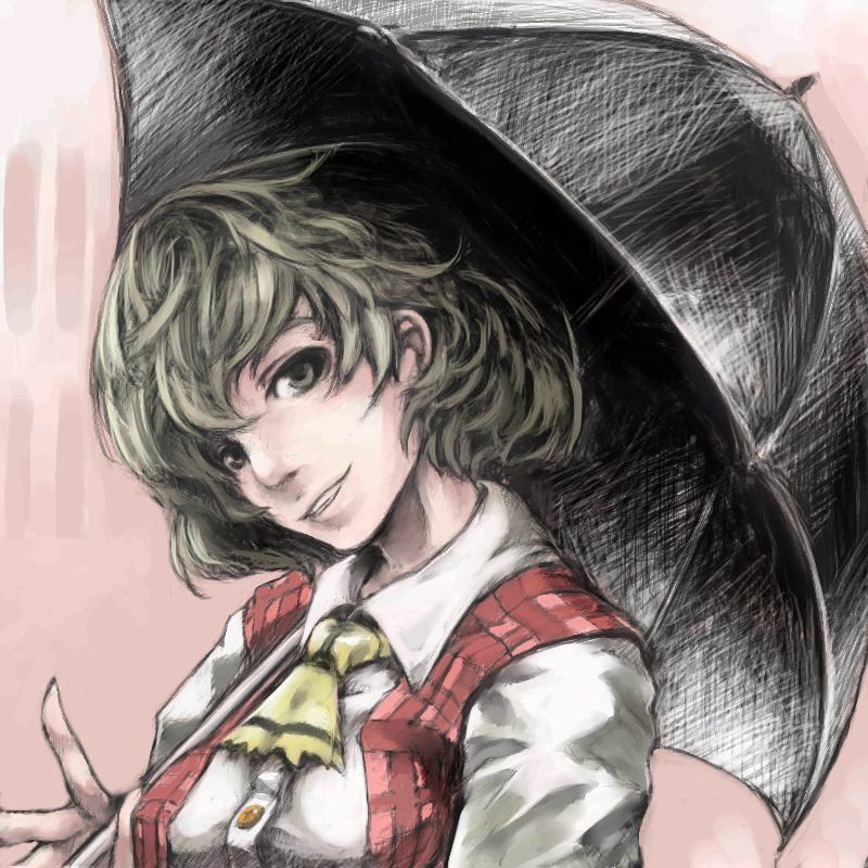 enpou, kazami yuuka, touhou, 1girl, ascot, female focus, green eyes, green hair, grin, head tilt, matching hair/eyes, oekaki, parasol, plaid clothes, plaid vest, short hair, smile, solo, umbrella, upper body, vest