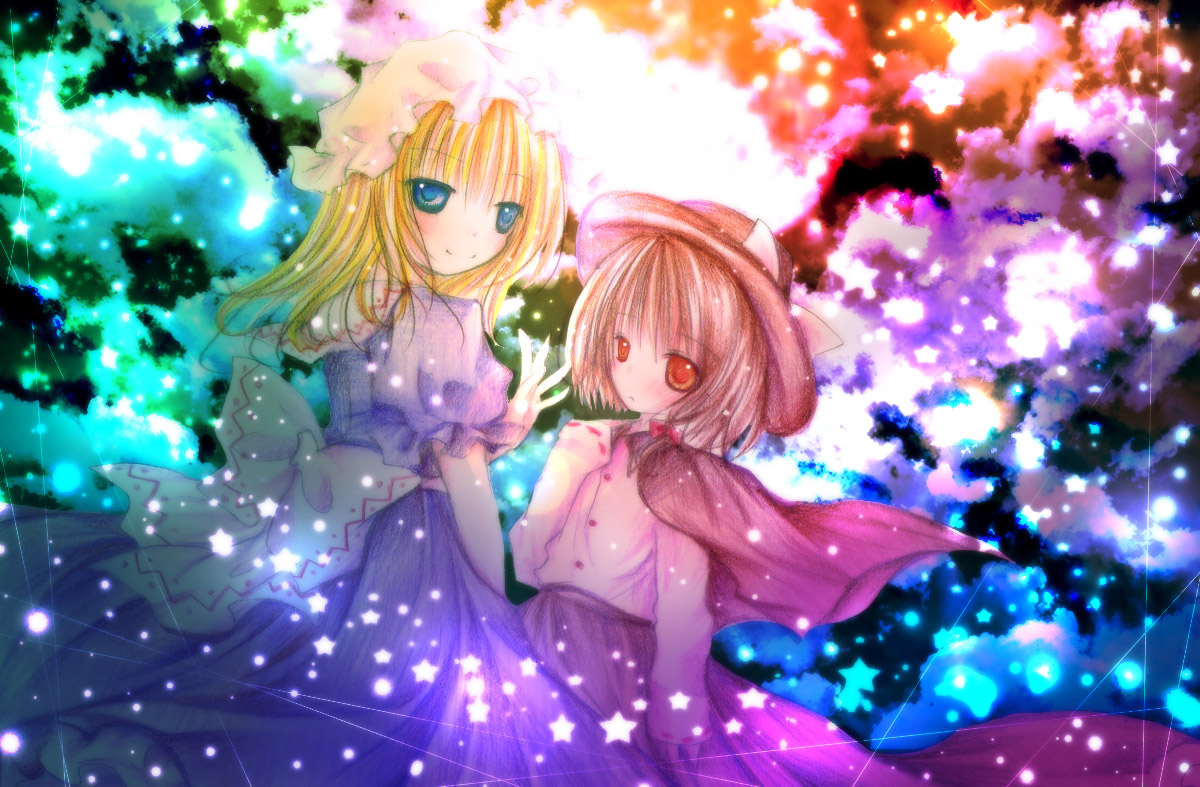 kasuga sunao, maribel hearn, usami renko, ghostly field club, touhou, 2girls, blonde hair, brown hair, buttons, cape, dress, fedora, female focus, green eyes, hat, long sleeves, looking at viewer, multiple girls, puffy short sleeves, puffy sleeves, purple dress, red eyes, shirt, short hair, short sleeves, white shirt