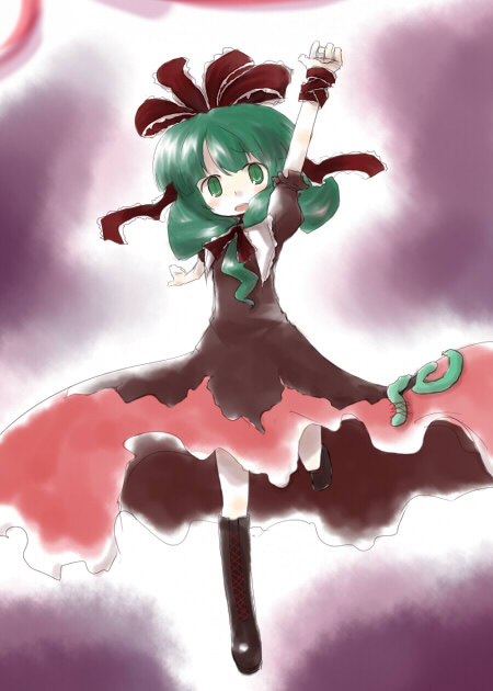 sasane, kagiyama hina, touhou, 1girl, black socks, dress, female focus, frills, front ponytail, green eyes, green hair, kneehighs, leg up, looking at viewer, matching hair/eyes, puffy short sleeves, puffy sleeves, red dress, shawl, short hair, short sleeves, socks, solo, standing, standing on one leg