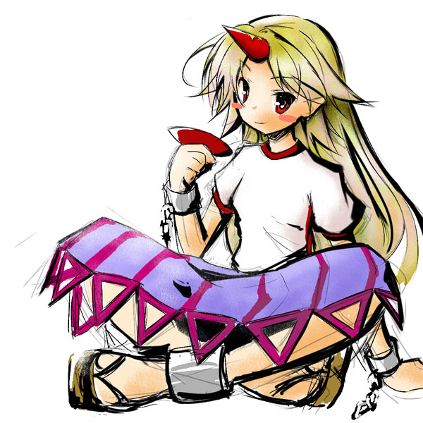 hoshiguma yuugi, touhou, 1girl, cup, female focus, horns, sakazuki, single horn, sketch, solo