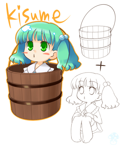 buchiko, kisume, touhou, 1girl, aqua hair, bucket, female focus, full body, green eyes, hair bobbles, hair ornament, in bucket, in container, monochrome, multiple views, twintails